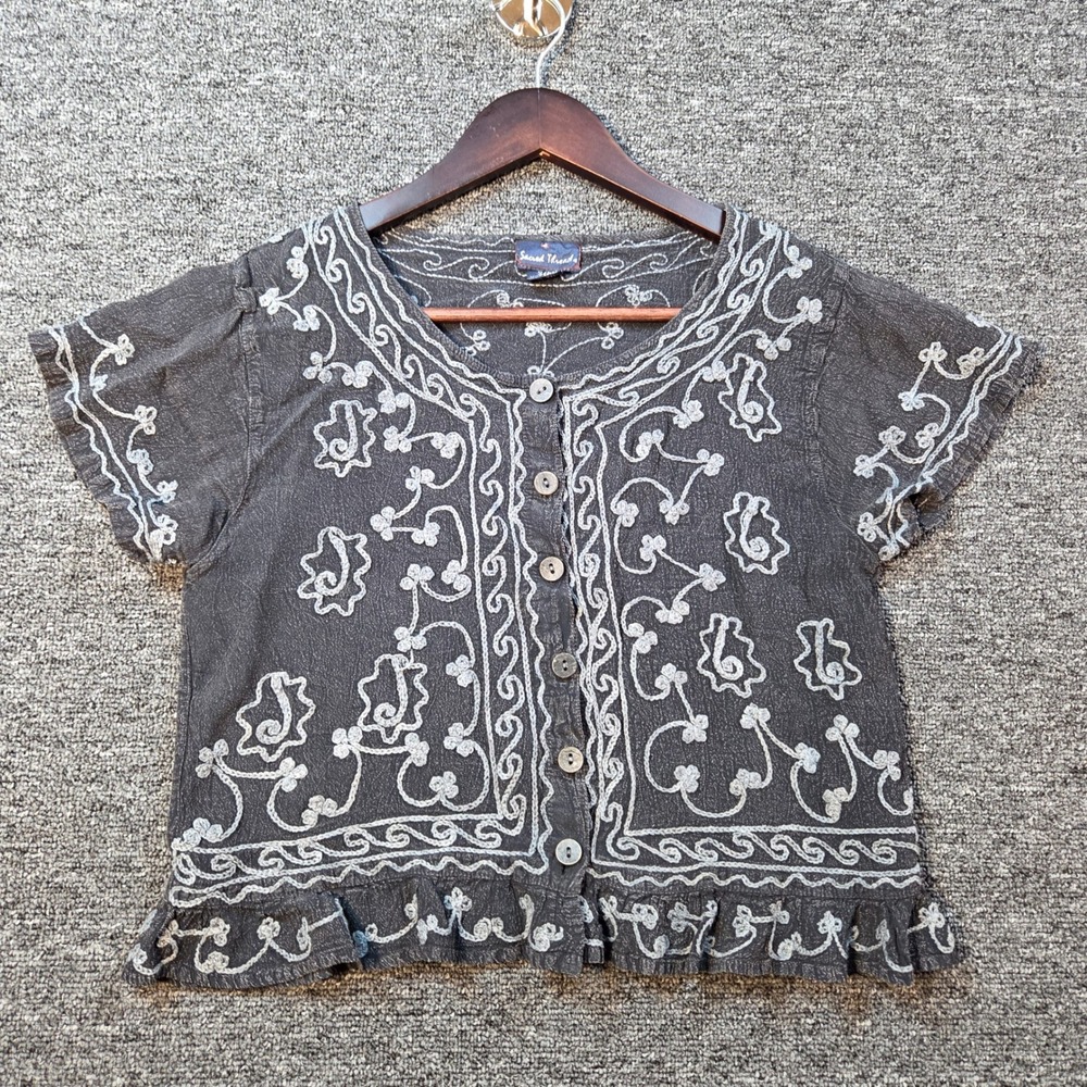 Sacred Threads Top Women S Grey Embroidered Boho Ruffle Hem Cottagecore Cotton